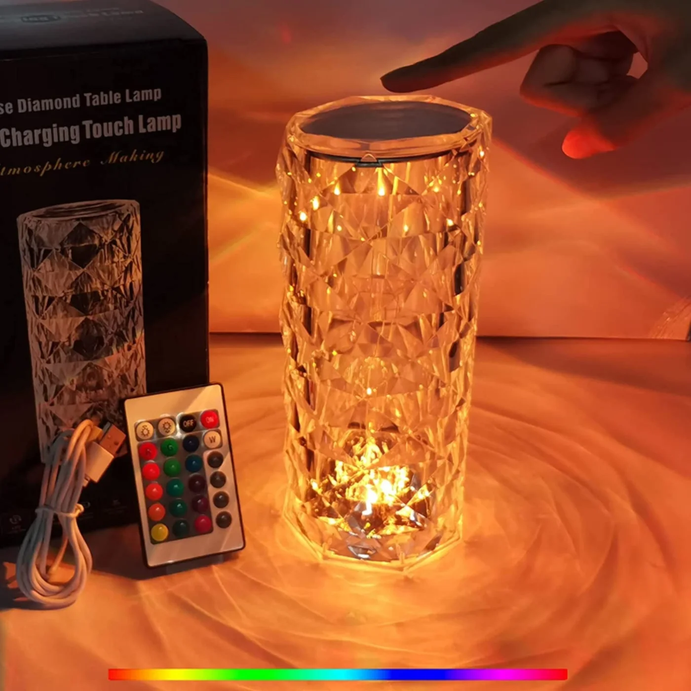 16 Colors Diamond Rose Crystal Touch Lamp | USB Rechargeable Bedside Lamp with Remote - Image 6