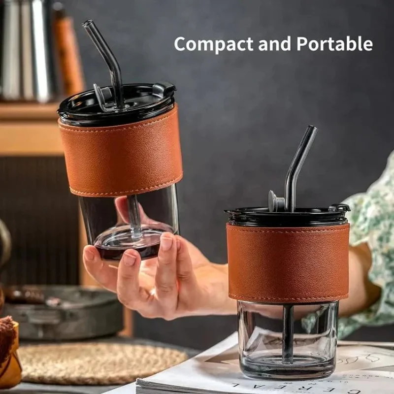 Bamboo Joint Glass Cup with Lid & Straw | 13oz Can-Shaped Tumbler with Leather Sleeve - Image 3