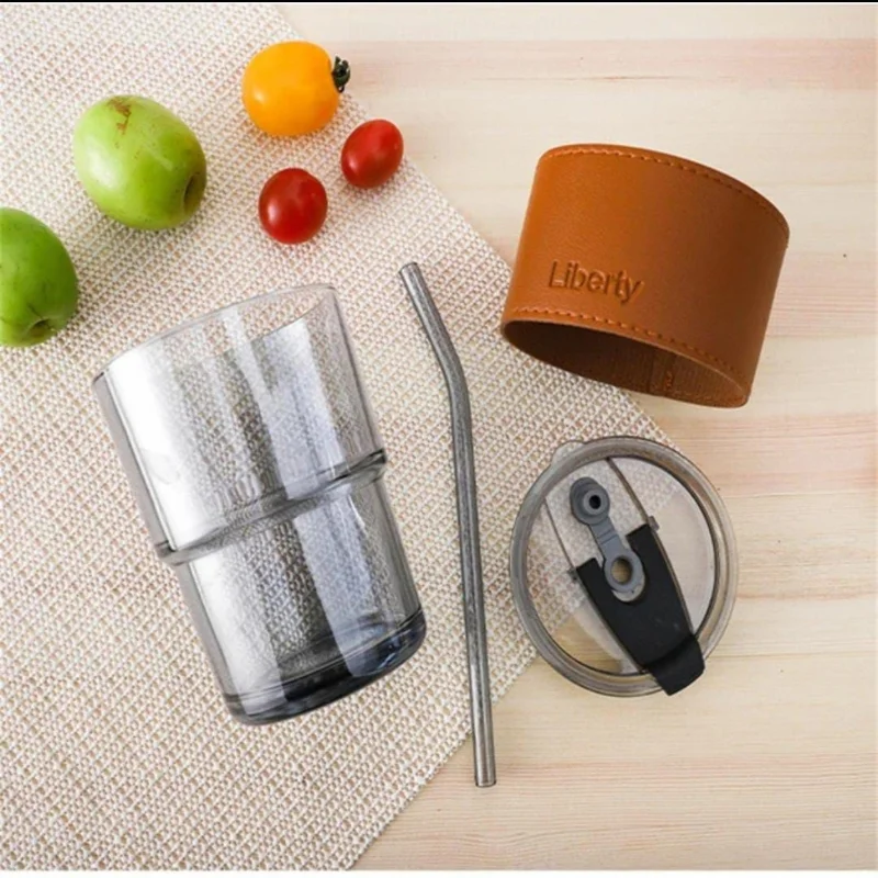 Bamboo Joint Glass Cup with Lid & Straw | 13oz Can-Shaped Tumbler with Leather Sleeve - Image 2