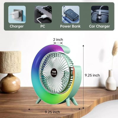 Colorful USB Rechargeable Desktop Fan | Silent Cooling, LED Ambient Light, 3-Speed Rotation