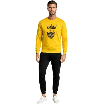 KING Printed Yellow Tracksuit Sweatshirt & Trouser | Warm & Comfortable Winter Wear | Large