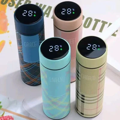 LED Temperature Display Water Bottle | Checkered Design  | Smart Stainless Steel Vacuum 500ml Flask | Random Color