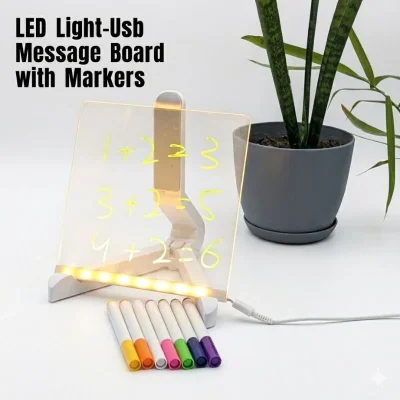 6x6 Inches LED Acrylic Writing Board with USB Light | 7 Colorful Erasable Pens |  Message Board with Markers & Stand